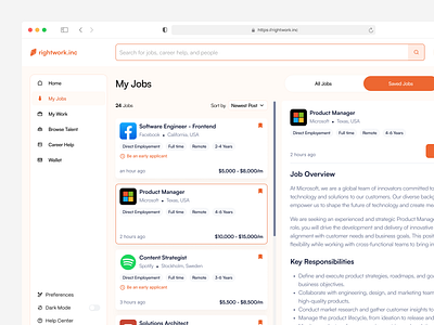 Rightwork - My Jobs Page card career search dashboard detail job hiring hr hr professionals job dashboard job hunting job portal job search job seeker job seekers job seeking myjobs recruiters recruiting recruitment saved jobs uxdesign