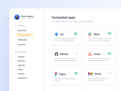 Connected Apps - Settings | Daily UI Challenge 007 app clean connected applications connected apps daily ui dailyui dailyui 007 dekstop design desktop settings desktop view figma integractions integration minimal settings ui user interface