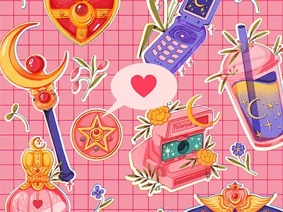 Sailor Moon starter pack art assets branding cartoon colorful design flowers girl graphic design illustration leaves logo moon paraphernalia pink portrait sailor moon stickers sweet ui