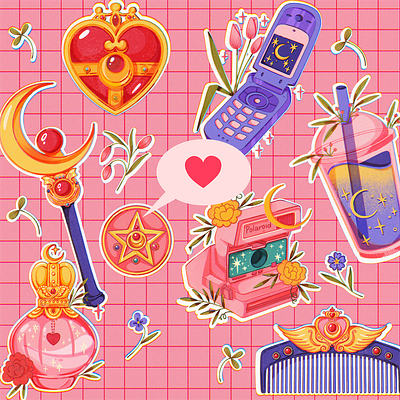 Sailor Moon starter pack art assets branding cartoon colorful design flowers girl graphic design illustration leaves logo moon paraphernalia pink portrait sailor moon stickers sweet ui