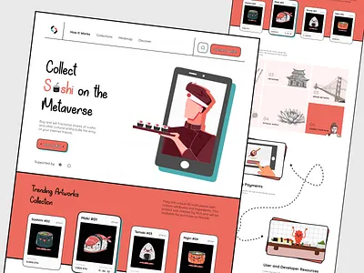 Sushimi - Landing page design 2022trends branding concept cry crypto graphic design landing page light light mode marketplace metaverse n nft retro roadmap sushi ui ux vector webdesign