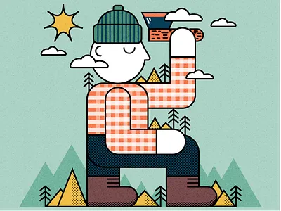 Mountain Man blue color fun green illustration lines man minimal moutain nature orange outdoors trees vector yellow