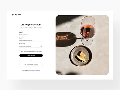 Sign Up Page | SAVORLY beverage cocktails create account dailyui design drinks form landing page login new account product design register sign in sign up ui ui design user interface ux web design