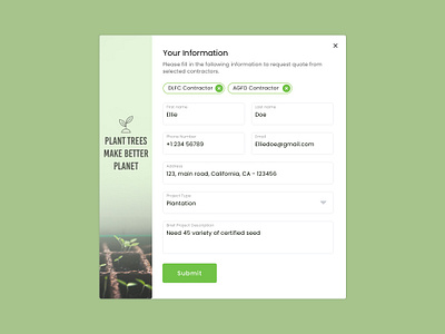 Pop-Up 016 ad button clean contractor dailyui design green minimal plant plantation pop up overlay save simple tab tag text field ui ux web