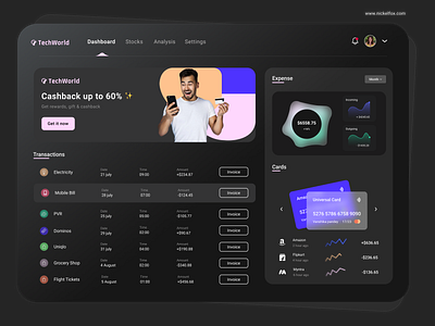 FinTech Dashboard bank bill cards crypto dark dashboard digital banking exchange expenses finance fintech invoice list money nft payment stocks transaction wallet web app