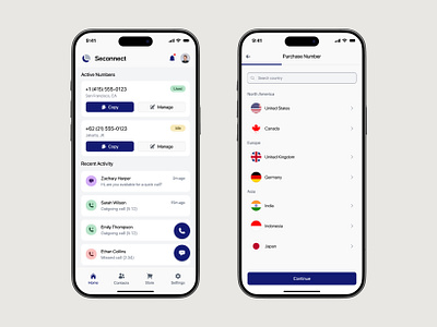 Seconnect - Mobile App UI/UX Design blue ios iphone light mode mobile app phone app second number seconnect ui ui design ui ux virtual number