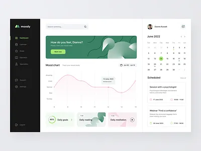 Moody - Mental Health Web App calendar dashboard goals graph habit habits health mood mood tracking schedule statistics stats therapist ui user dashboard ux web app web app design web application web platform