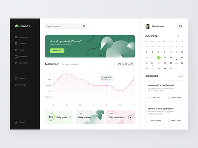 Moody - Mental Health Web App calendar dashboard goals graph habit habits health mood mood tracking schedule statistics stats therapist ui user dashboard ux web app web app design web application web platform