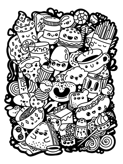 Fast Food Doodling illustration art black cafe character cute design doodle doodling fast food flat illustration ink vector