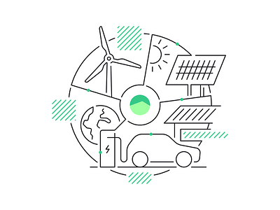 VoltSmart car charger emissions energy ev flat globe house icon illustration line pattern renewable roof solar panel sun sustainability vehicle wind turbine world