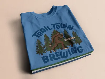 Trail Town Brewing T-Shirt Design beer bigfoot brand identity branding hand lettered hand lettering illustration pine tree procreate retro sasquatch t shirt tee