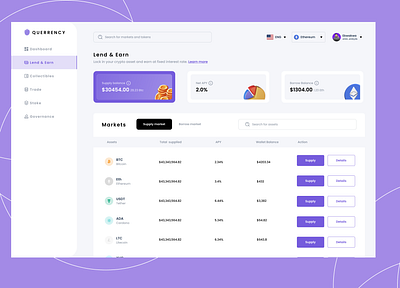 Lend and earn crypto dashboard crypto app dashboard lend and earn crypto ui ui design