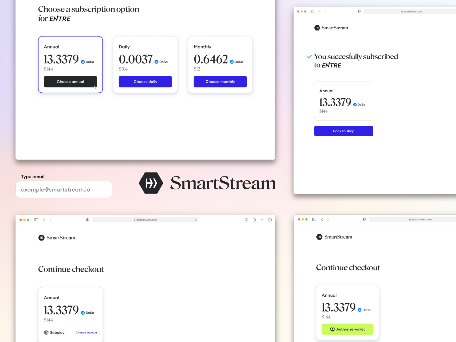 SmartStream blockchain subscription service app branding clean design logo ui white