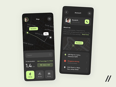 GPS Tracker App android animation app interaction dark theme design destination gps interaction interface ios location map mobile mobile app mobile ui safe track travel ui ux