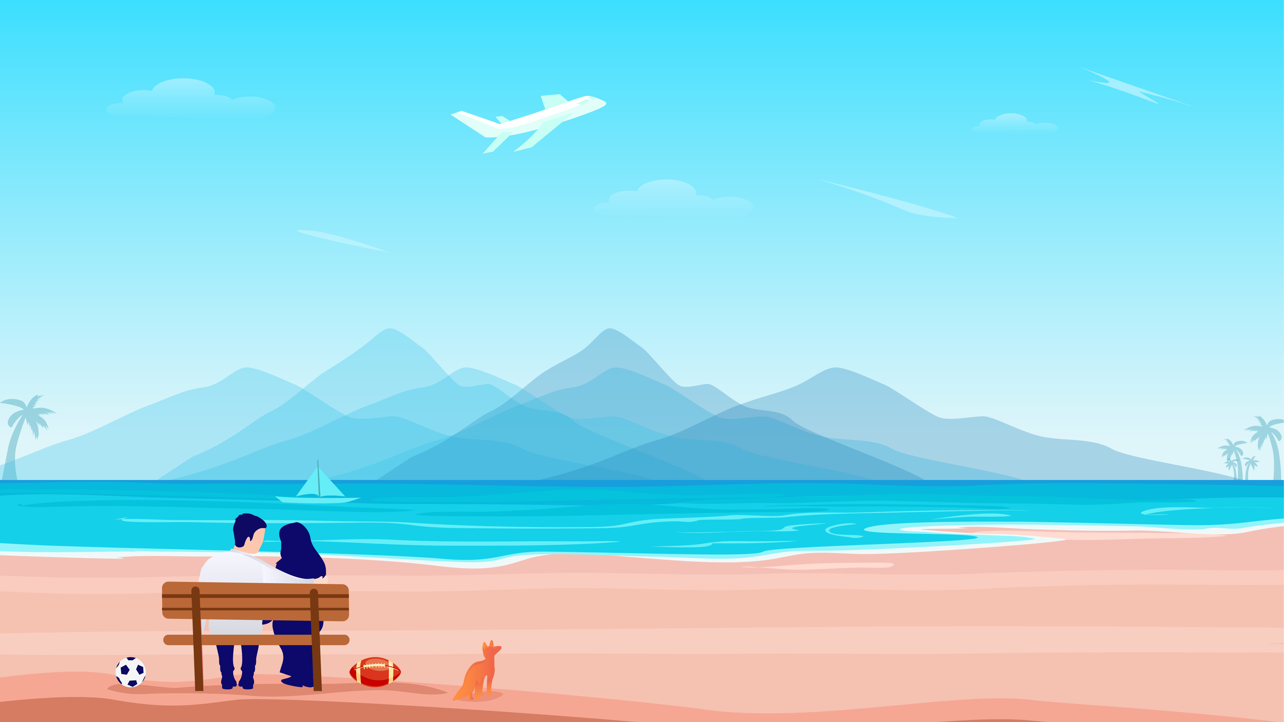 Beach Play abstract airplane beach bench couple football illustration mountains nature illustration outdoor play summer travel