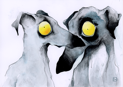 🤍👽🤍👽🤍 black dog grey illustration shy tender traditional watercolor yellow