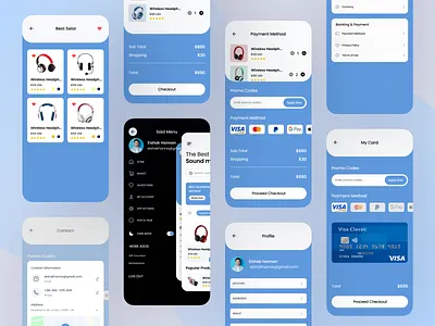 Headphone Products App audio blue clean controller design gradient headphone icon interface minimal mobile simple sleek ui ui design ui ux user experience ux volume white