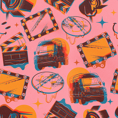 Film & TV Pattern WIP clapper colour drugs film and tv grain high hippie illustration lights mirror movie pattern procreate prop psychadelic repeating seamless