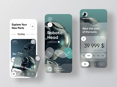 Rent This Part! app art bitcoin chain coin crypto design eth future glassmorphism interaction marketplace mobile rent robotic scifi shop ui ux