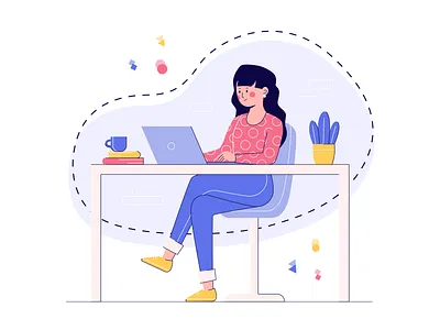 Workplace character employee flat freelance illustration laptop line vector woman work