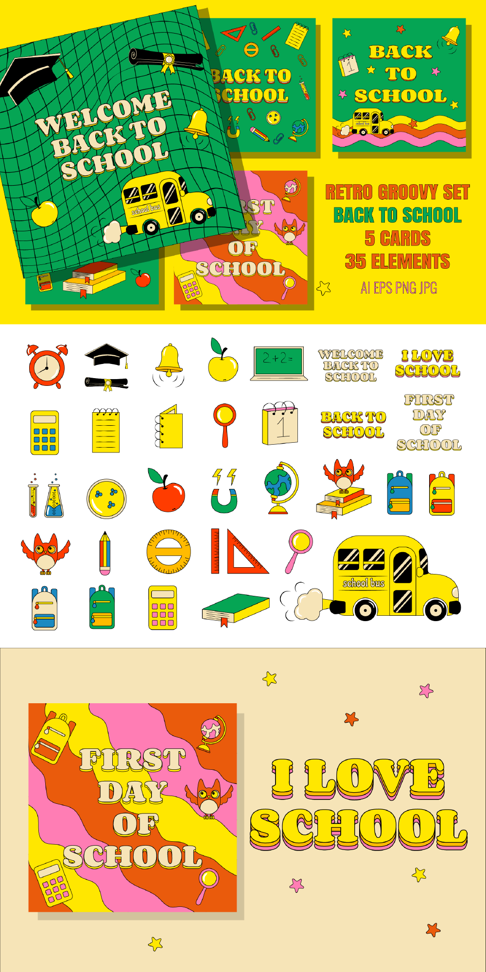 Back To School 5 Retro Groovy Cards science