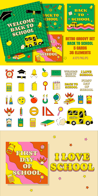 Back To School 5 Retro Groovy Cards science