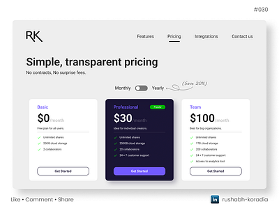 DailyUI 030 - Pricing dailyui dailyui challenge dailyui day 30 dailyui pricing ui dailyuichallenge day 30 pricing day 30 pricing ui design design design inspiration plans ui pricing pricing web ui design rushabh koradia rushabh ui ui ui design ui inspiration ux rushabh web ui web ui design