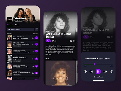Crime Junkie Podcast App app audio app crime junkie crime podcast dark ui podcast podcast app purple ui studio science