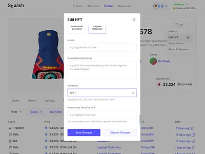 Editing NFTs — Editing Modal clean design minimal nfts ui ux