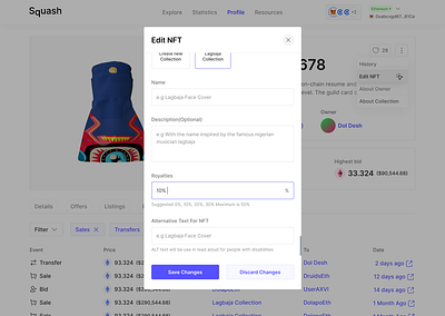Editing NFTs — Editing Modal clean design minimal nfts ui ux
