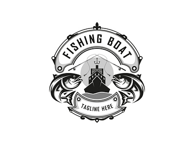 Fishing logo, vintage logo design with boat and two fish vector hook