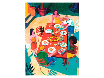 The Meal cat character color drink food friends garden home illustration light man meal outfit outside people share summer women