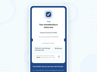 Success Page card membership oneassist payment payment completion payment done payment success plan plan purchase purchase success ui user research ux