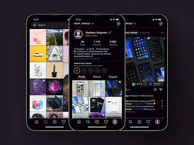 Instagram App Redesign (Dark Theme) app concept dark design designideas designinspiration figma figmadesign followtofollow graphic design illustration instagram likesforlikes popular smartphone social media top ui uiux ukraine