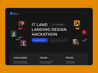 IT Land Landing Design Hackathon blogger branding challenge competition dark designers desktop figma hackathon illustration itland landing landingpage prizes product site teem web workshop workspace