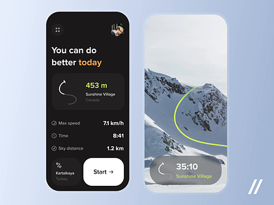 Skiing App android animation app app design dashboard design indicators interface ios mobile app mobile ui motion motivation mountain navigation skiing sport track ui ux