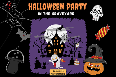 Halloween Party in the Graveyard Seamless Vector Patterns Pack backdrops background creature creepy design ghost halloween 2022 halloween party halloween patterns halloweens day halloweens prints illustration monster prints pumpkin spooky trick or treat