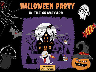 Halloween Party in the Graveyard Seamless Vector Patterns Pack backdrops background creature creepy design ghost halloween 2022 halloween party halloween patterns halloweens day halloweens prints illustration monster prints pumpkin spooky trick or treat