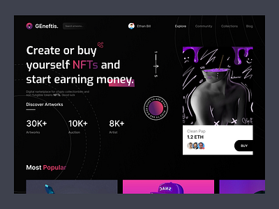 NFT - MarketPlace Web Design buy clean ui crypto crypto art dark page ethereum landing page market nft nft market online shop shop store token ui ux web design web page web site