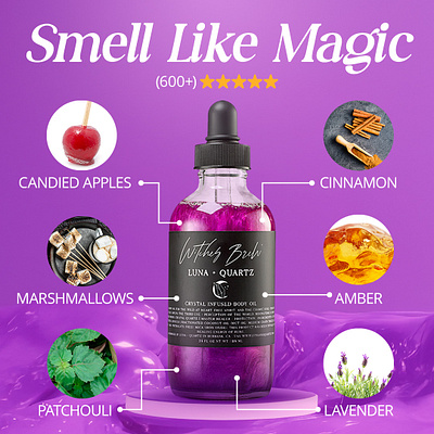 Skincare static ads - Benefits / Witches Brew Body Oil ads creative amber beauty cinnamon cosmetic graphic design skincare smell static ads witches brew body oil.