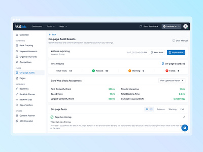 On-page Audit Results / Katlinks analytics app backlinks keywords lighthouse report page audit page results product design seo seo data seo tools ui ui design ux ux design web app web design web vitals