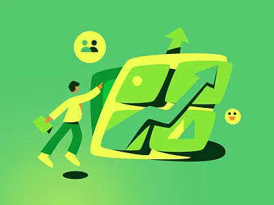 Data growth album arrow float green grow illustration people product tan