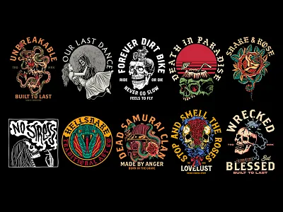 T-shirt Design Bundle 2d apparel badge branding bundle clothing design graphic design grim reaper illustration roses skull snake t shirt tattoo wip