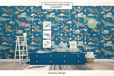 Whale Dreams Nursery Desgin animal sea designs for kids nursery design sea life seamless patterns nursery whale and airballoons whale clip art whale compositions whale for kids whale in clouds whale in thу sky whale nursery whale patterns whale png