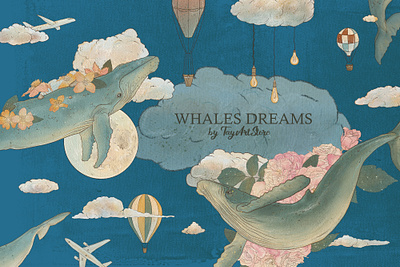 Whales Dreams Collection airballons fantasy whale fine art collection floral floral whales flowers planes pre made compositions pre made designs pre made frames sea sea animal seamless patterns sky whale clip art whale in clouds whale png whales whales in the sky