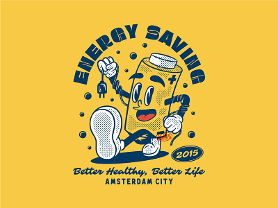 ENERGY SAVING LIFE - 1930s Cartoon Character apparel battery branding clothing line design energy graphic design healthy illustration logo mascot illustration retro mascot retro mascot illustration