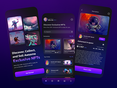 NFT Marketplace Mobile App UI design android app apps apps design creative crypto marketplace dark ui theme ecommerce ibrahim mahbub ios app mobile app nft nft art nft marketplace nft shop shopping apps ui ui ux user experiance user interface ux