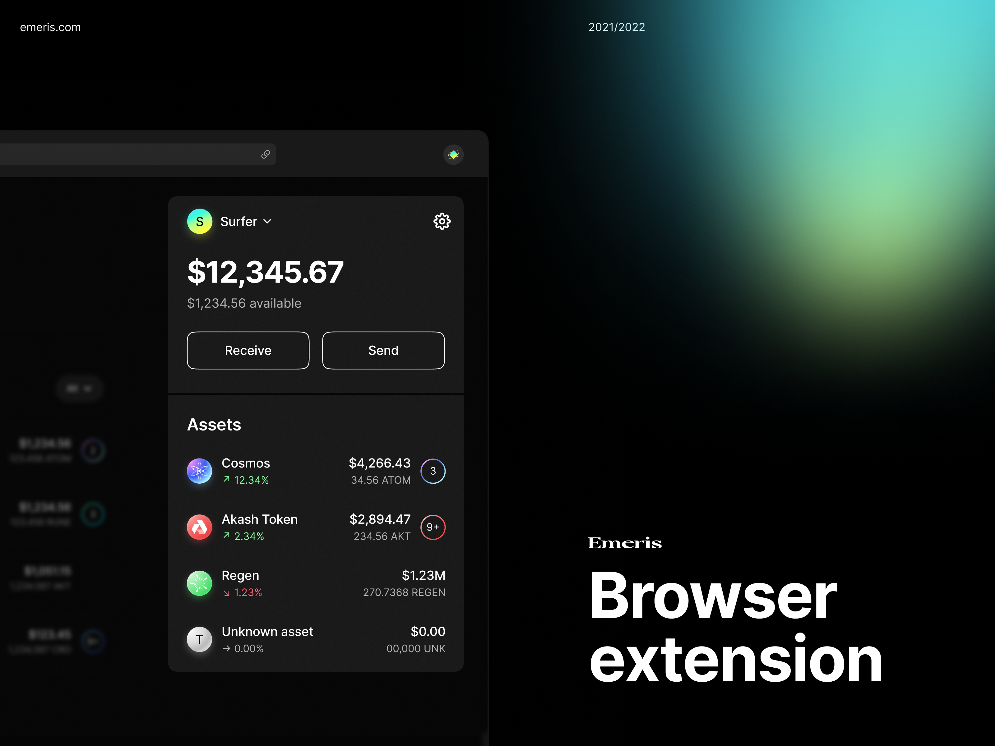 Emeris: Browser extension wallet blockchain blockchain solution browser crypto defi extension fintech identity interface portfolio product design ui ux visual design wallet web3