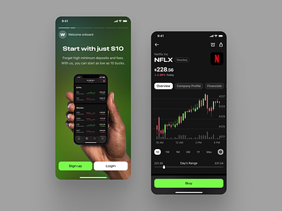 Mobile Trading Platform bonds candlestick chart crypto cryptocurrency dark etfs investing ios iphone mobile mobile app neon onboarding stocks stories trading ui
