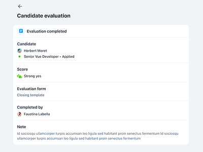 Candidate Evaluation - Details View ats candidate detail view evaluation figma form hiring ipad ipados light mode list form minimal product design saas tablet ui